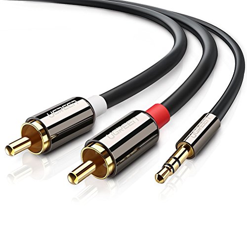 Y Audio Splitter RCA Connector for Surround Sound Dolby Digital DTS Primewire 2 RCA Phono to 3.5mm Stereo Jack Cable 5m 1x Jack 3.5mm AUX to 2x Cinch RCA Metal Shell Casing in Grey